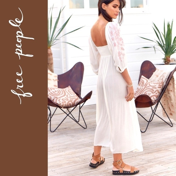 FREE PEOPLE Wedgewood Embroidered Scoop Neck 3/4 Puff Sleeve Maxi Dress/SM NWT - Picture 5 of 16